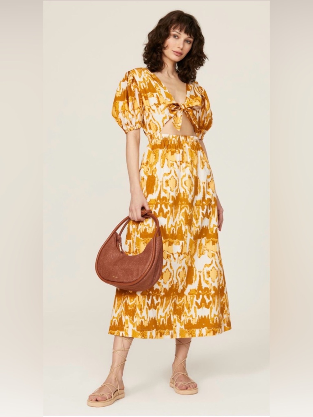 Cleobella Sadie Midi Maxi Dress Womens Yellow Watercolor Ikat Short Sleeves - S